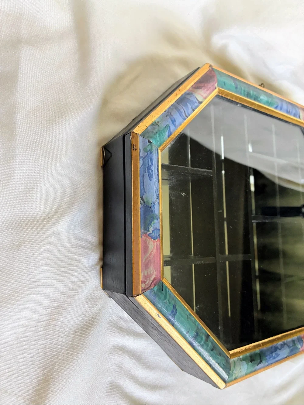 Octagon Display Case With mirror with colorful floral patterned frame